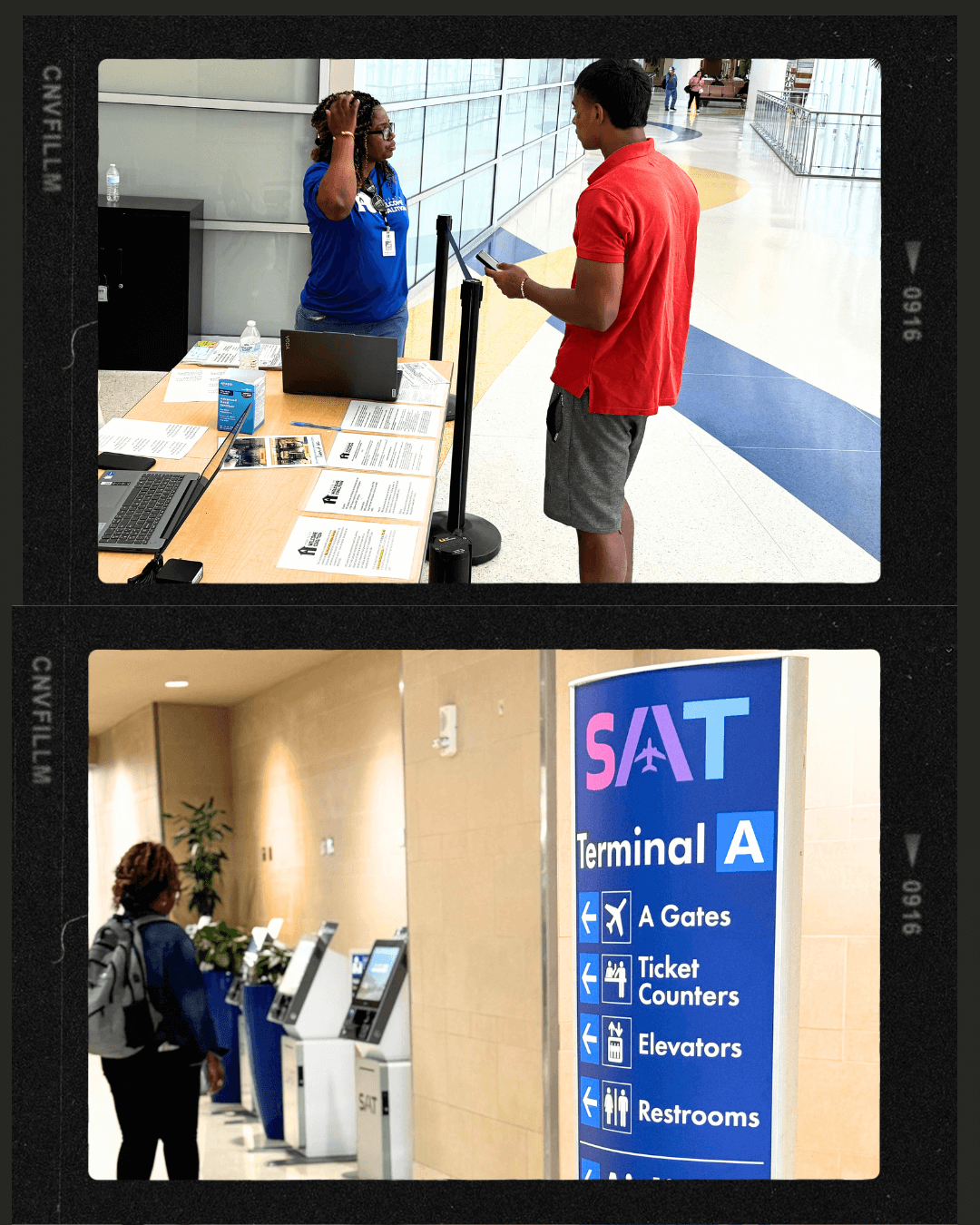 Photo of IWC Staff member in discussion with a man in a red shirt at the San Antonio Airport.